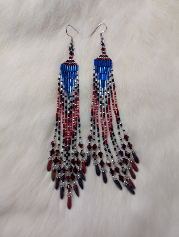 Red, silver and blue fringe earrings
