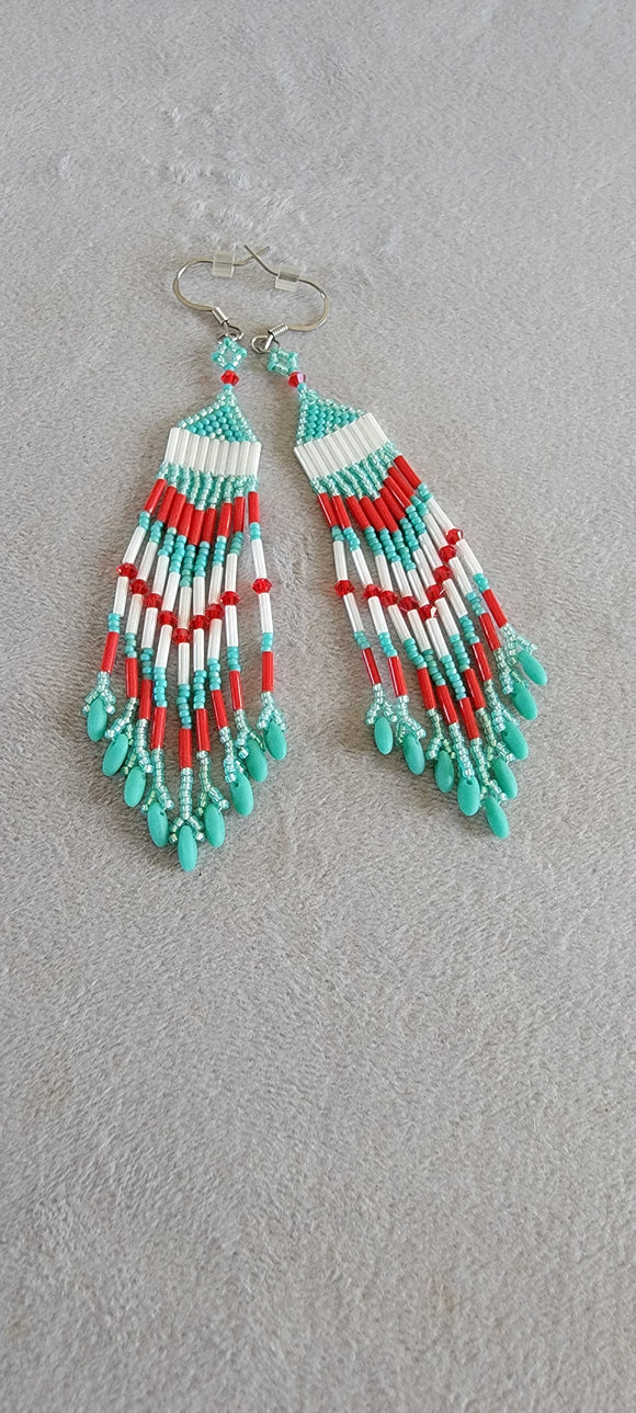 Red white and turquoise fringe earrings